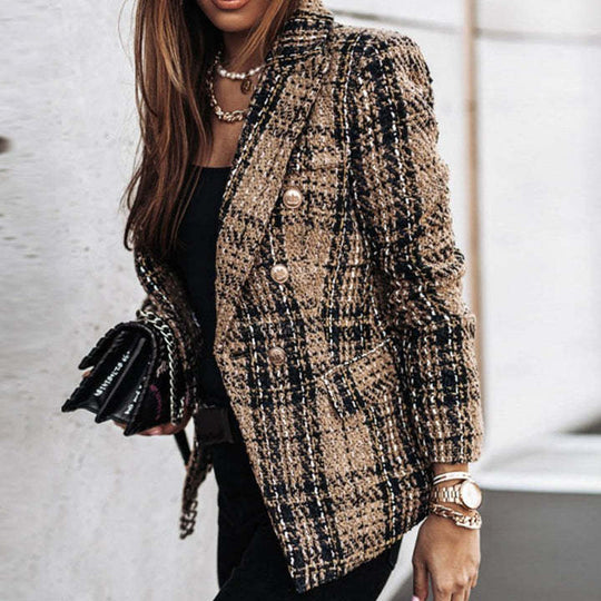 Damen Bouclé-Tweed-Blazer mit Karomuster und doppelreihiger Knopfleiste EB