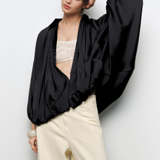 Damen leichte Satinjacke mit tiefem V-Ausschnitt und elastischen Bündchen EB