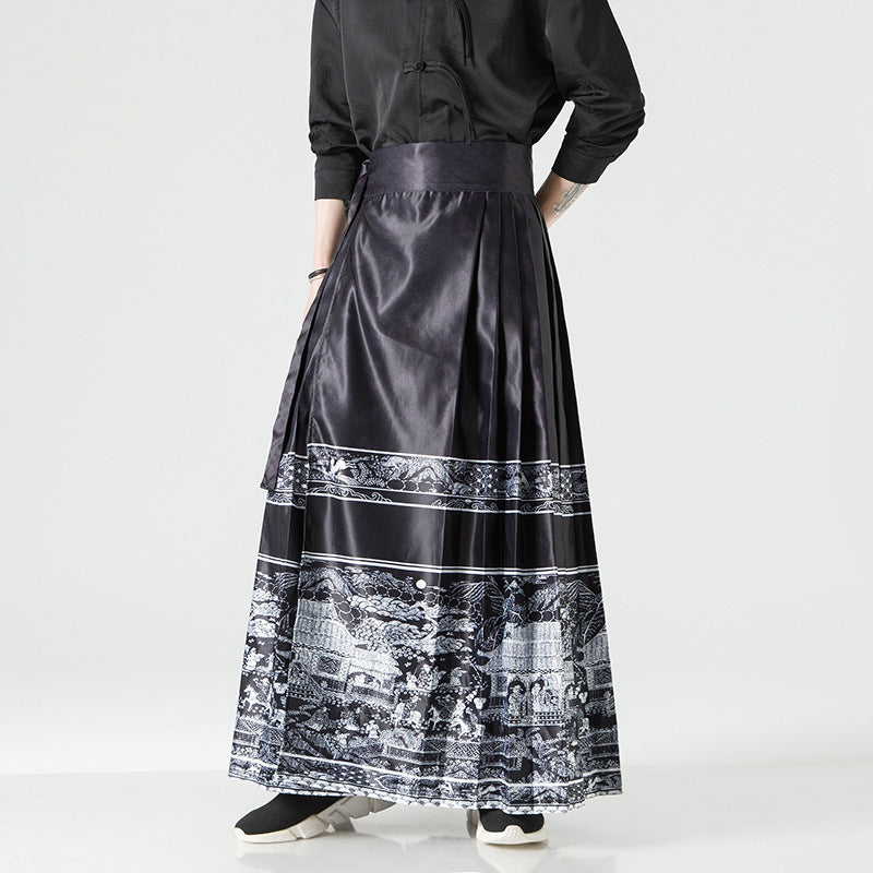 Damen nan Maxi-Rock mit breitem Taillenbund ornamentaler Bordüre und plissierten Falten EB