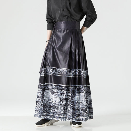 Damen nan Maxi-Rock mit breitem Taillenbund ornamentaler Bordüre und plissierten Falten EB
