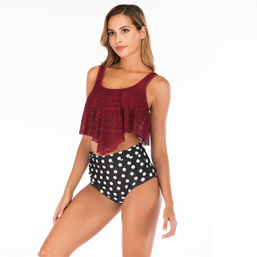 Damen Bikini-Set mit voluminösem Spitzenoberteil und hoch taillierten Flamingo-Print Shorts EB