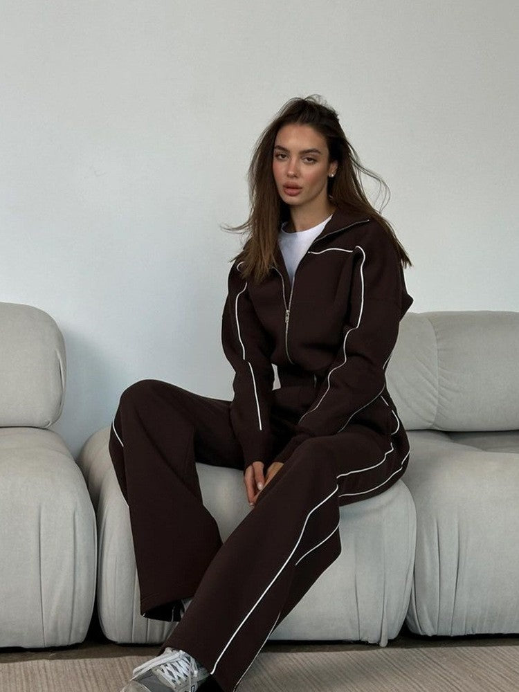 Damen nan zweiteiliges Sport-Loungewear-Set mit Stehkragen und Kontrastpaspel EB