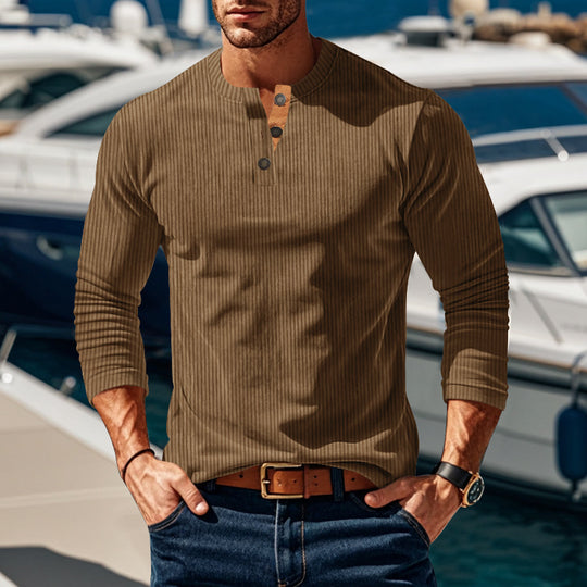 Herren nan gerippter Langarm-Henleypullover mit kurzem Stehkragen und dekorativer Knopfleiste EB