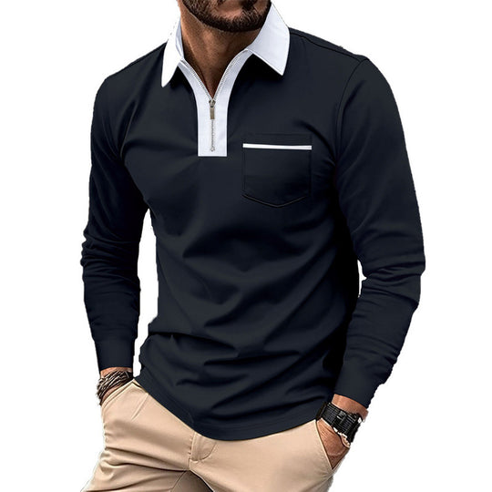 Herren nan elegantes Langarm-Poloshirt mit markantem Stehkragen Metall-Kurzreißverschluss und Brustleistentasche EB