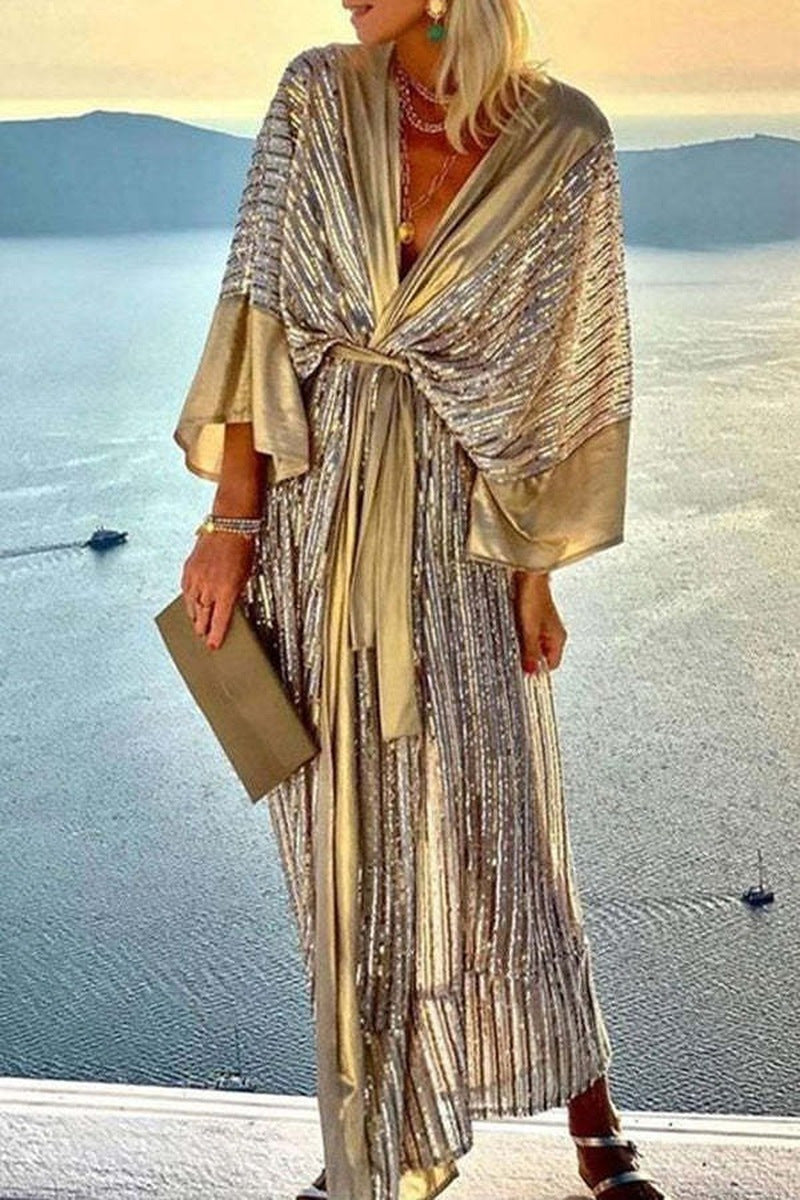 Damen Glitzerndes Maxikleid mit elegantem Wickeldesign und fließenden Ärmeln EB