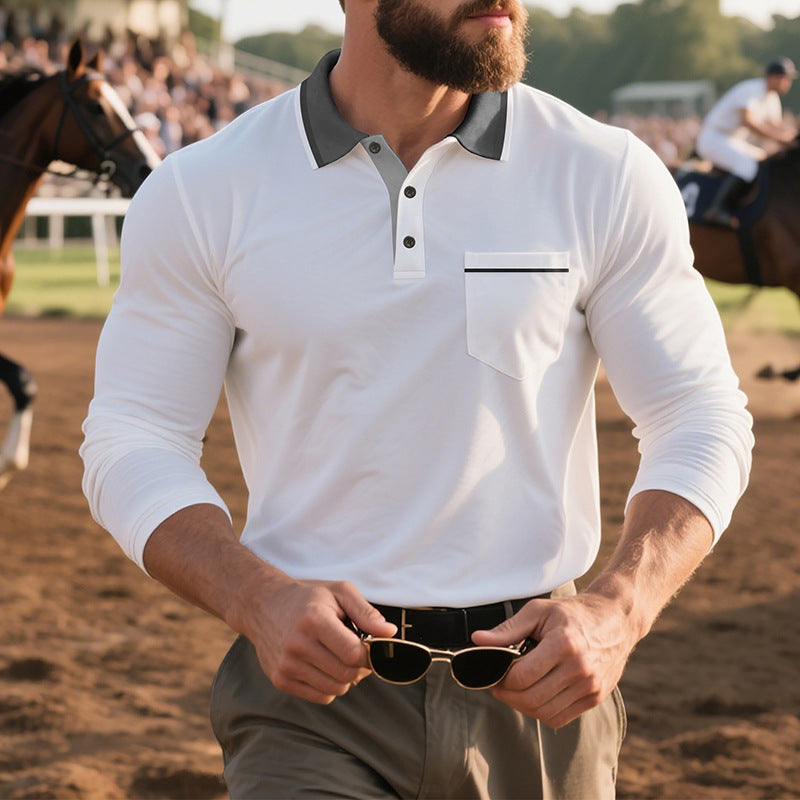Herren nan langärmeliges Polohemd mit Kontrastkragen, Brusttasche und feinem Baumwollstretch EB