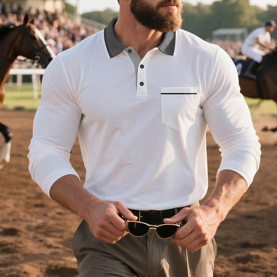 Herren nan langärmeliges Polohemd mit Kontrastkragen, Brusttasche und feinem Baumwollstretch EB