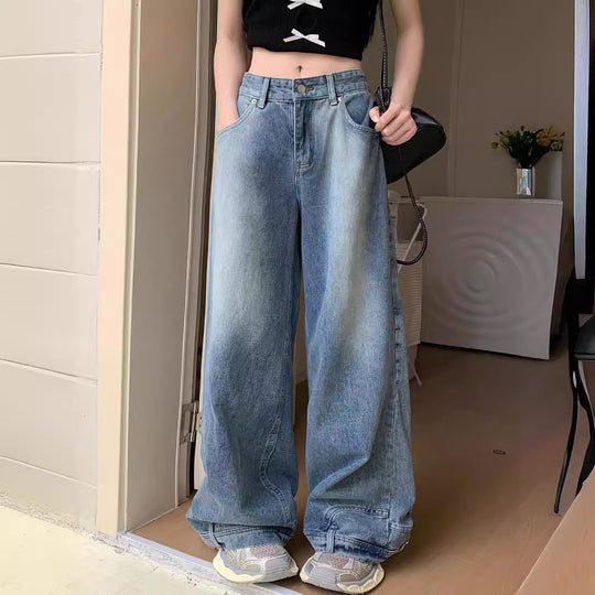 Damen Weite Denim-Hose mit hohem Taillenbund und lässigem Schnitt EB