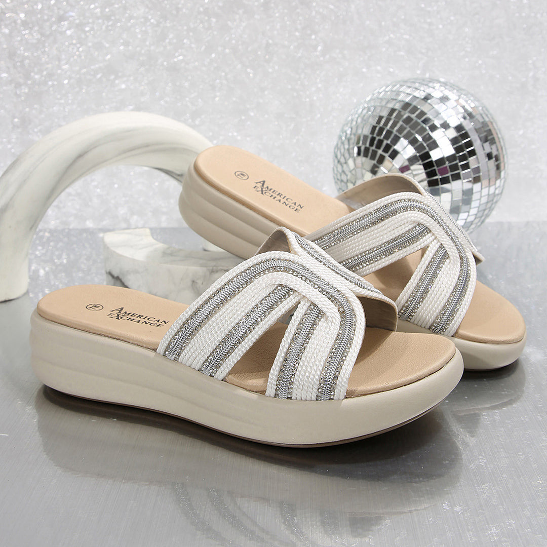 Damen Wedge-Pantoletten mit stilvollen Glitzerakzenten und anatomischem Fußbett EB