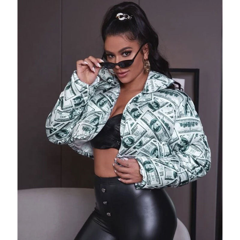 Damen modische cropped Steppjacke im Dollar-Design EB