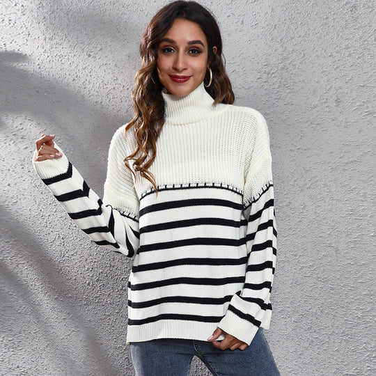 Damen Komfortabler Rollkragenpullover mit modernem Streifenmuster EB