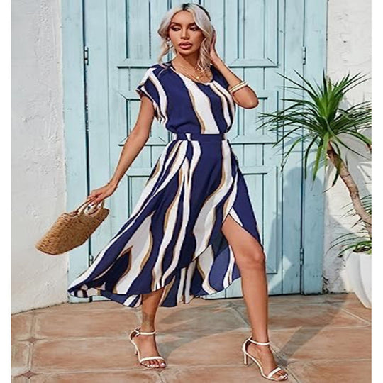 Damen Maxi-Kleid mit modernen Streifen und elegantem Schlitz EB