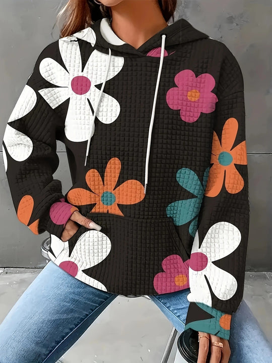 Damen lockerer Kapuzenpullover mit farbenfrohem Blumendesign EB