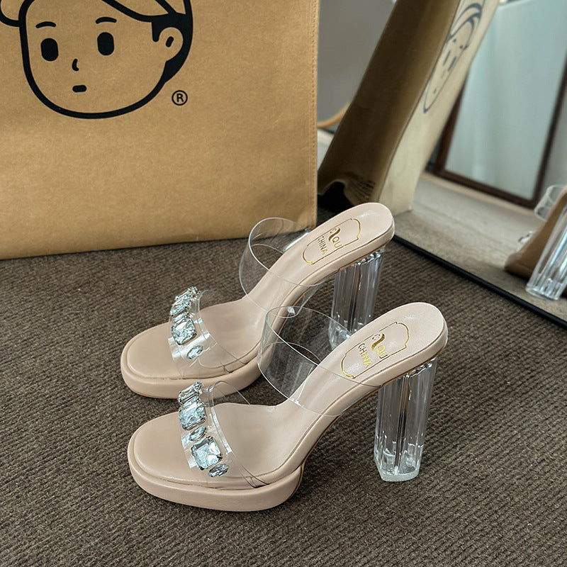 Damen Glamouröse Plateau-Sandalen mit durchsichtigen Riemen und funkelnden Kristall-Akzenten EB