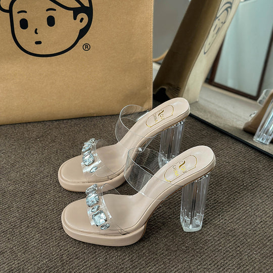 Damen Glamouröse Plateau-Sandalen mit durchsichtigen Riemen und funkelnden Kristall-Akzenten EB