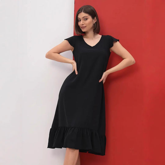 Damen Midi-Kleid mit modischem V-Ausschnitt und Rüschensaum EB