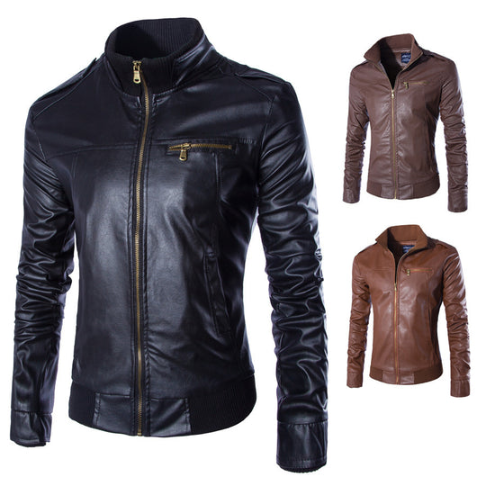 Herren modische Kunstlederjacke mit Reißverschluss und festem Kragen EB