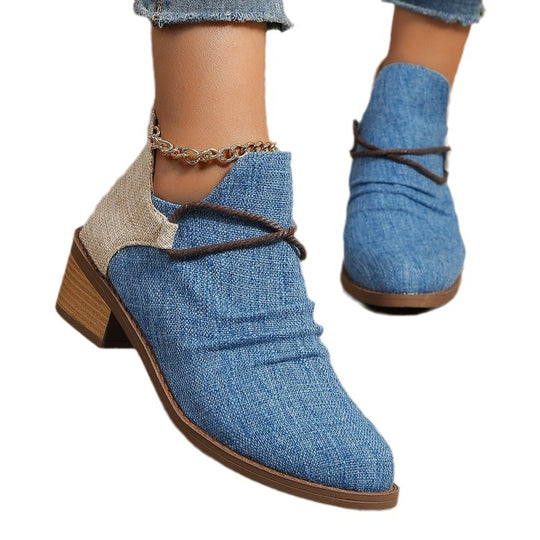 Damen Kurzstiefelette mit Leoparden-Print, Canvas-Obermaterial, dekorativem Flechtriemen und niedrigem Blockabsatz EB