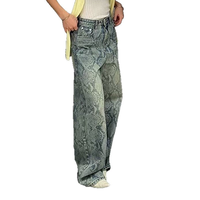Damen nan hochgeschnittene Jeans mit Schlangenprint, weitem Bein und geradem Schnitt EB