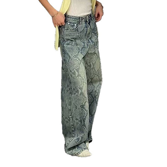 Damen nan hochgeschnittene Jeans mit Schlangenprint, weitem Bein und geradem Schnitt EB