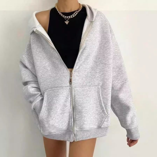 Damen nan minimalistisches French-Terry Zip-Hoodie mit durchgehendem Reißverschluss, Kängurutasche und Daumenloch-Ärmeln EB