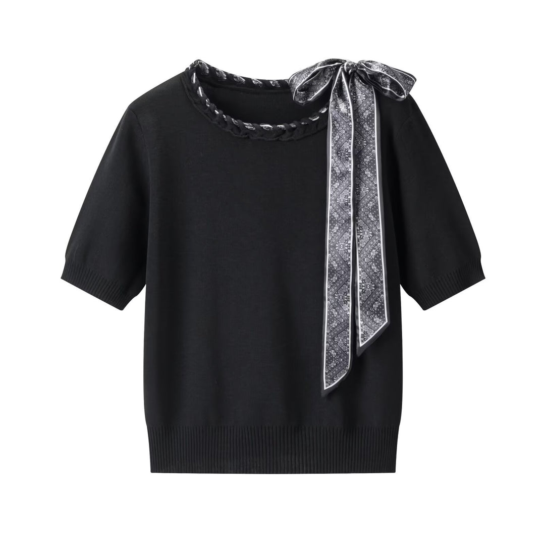 Damen Kurzarmpullover mit dekorativem Halsband und stylischem Schleifendetail EB