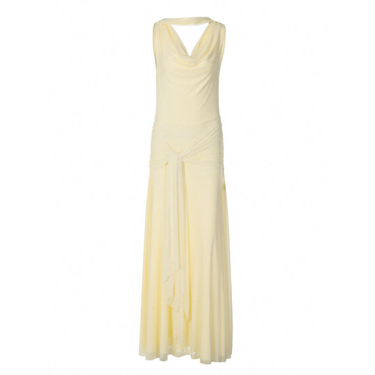 Damen schulterfreies Wickelmaxikleid mit drapiertem Oberteil und seitlichem Bindegürtel EB