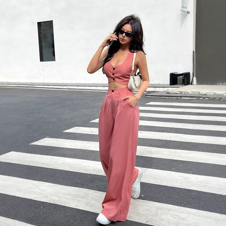 Damen Zweiteiliges Set mit tailliertem Top und weiten Hosen EB