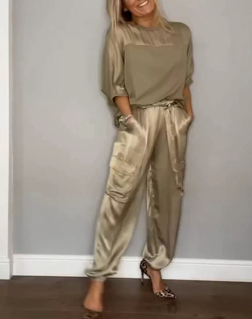 EB | Solide Farbe glatt Satin Top zweiteilige Set für Frauen