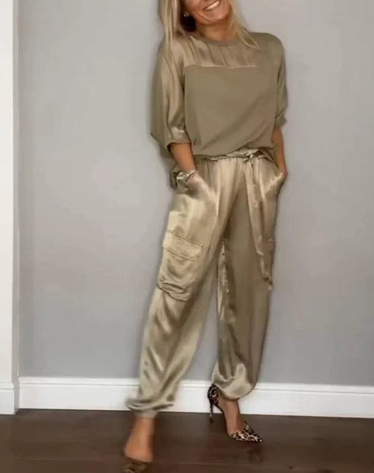 EB | Solide Farbe glatt Satin Top zweiteilige Set für Frauen