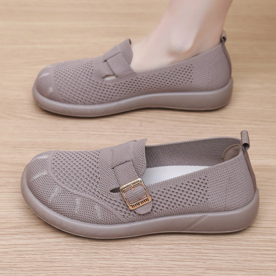 Damen Komfortable Slip-On Schuhe mit flexiblem Strickoberteil und modischem Schnallen-Detail EB