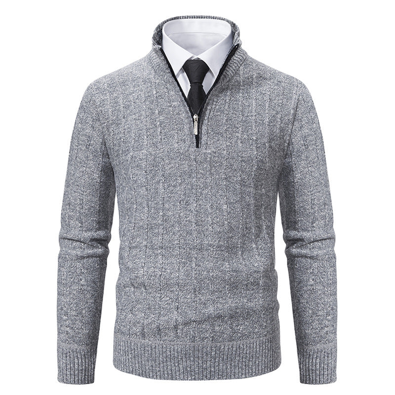 Herren nan Halbzip-Strickpullover mit strukturierter Zopfoptik, wärmendem Stehkragen und schmaler Silhouette EB