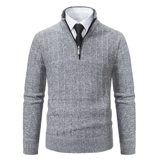 Herren nan Halbzip-Strickpullover mit strukturierter Zopfoptik, wärmendem Stehkragen und schmaler Silhouette EB