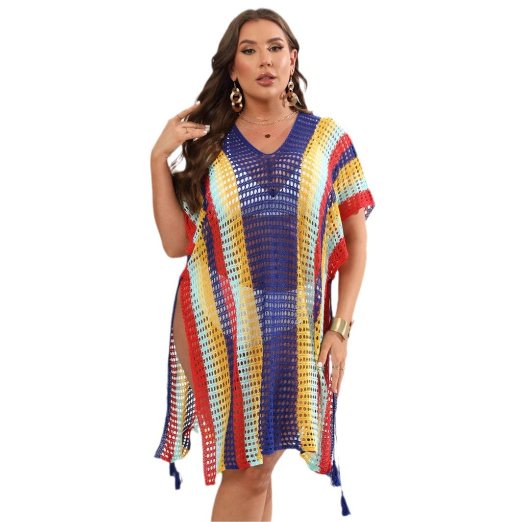 Damen luftiger Häkel-Strandponcho mit modischen Fransen EB