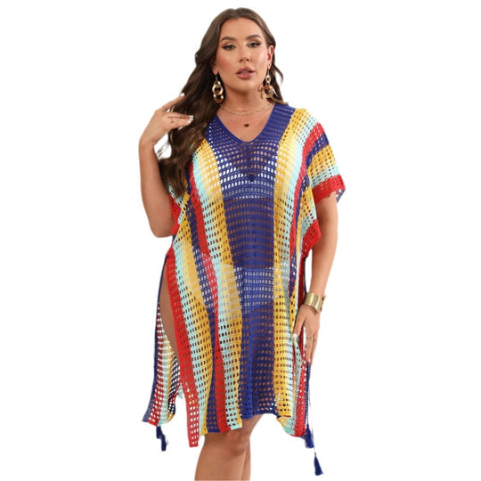 Damen luftiger Häkel-Strandponcho mit modischen Fransen EB