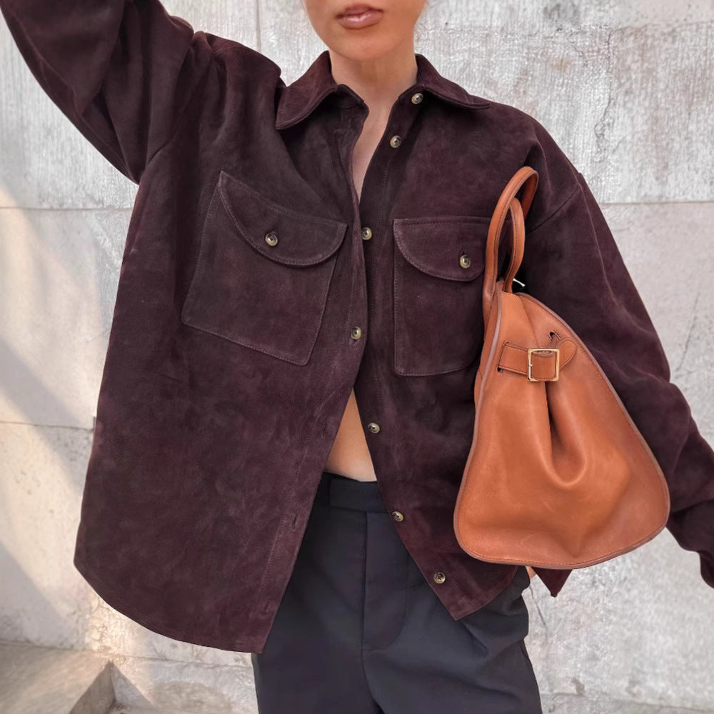 Damen Modische Suede Oversized Hemdjacke mit praktischen Taschen EB