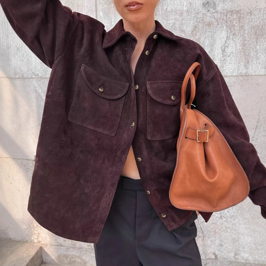 Damen Modische Suede Oversized Hemdjacke mit praktischen Taschen EB