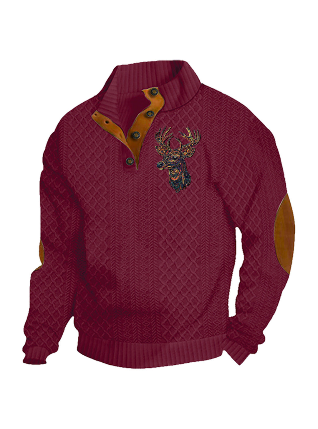Herren nan Heritage-Strukturpullover mit Stehkragen Lederimitat-Besatz Ellenbogen-Patches und Halbknopfleiste EB