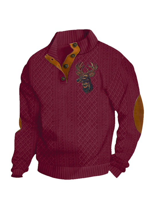Herren nan Heritage-Strukturpullover mit Stehkragen Lederimitat-Besatz Ellenbogen-Patches und Halbknopfleiste EB