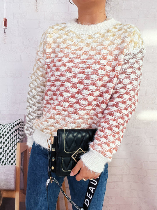 Damen Modischer Strickpullover mit Karo-Muster EB