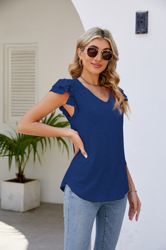 Damen V-Ausschnitt Shirt mit eleganten Rüschendetails EB
