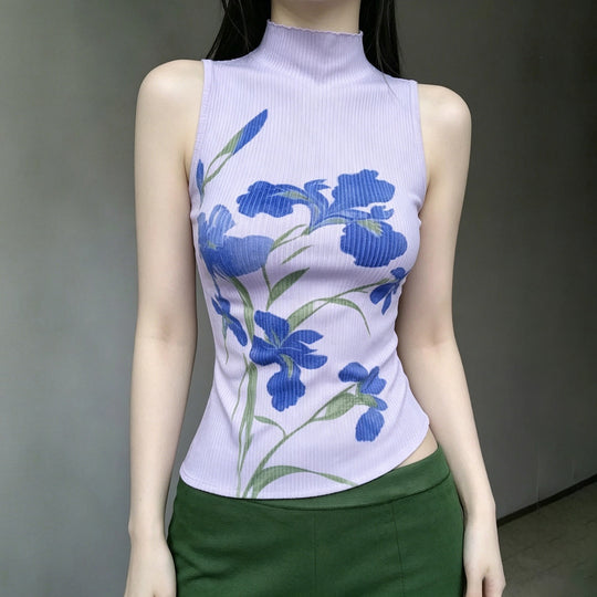 Damen ärmelloses Oberteil mit floralem Druck und elegantem Stehkragen EB