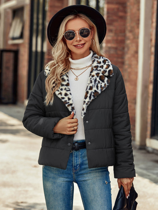 Damen Modische Steppjacke mit Leopardenkragen EB
