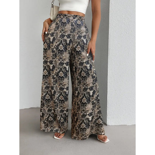 Damen Weite Palazzo-Hosen mit farbenfrohem Muster und hohem Taillenbund EB
