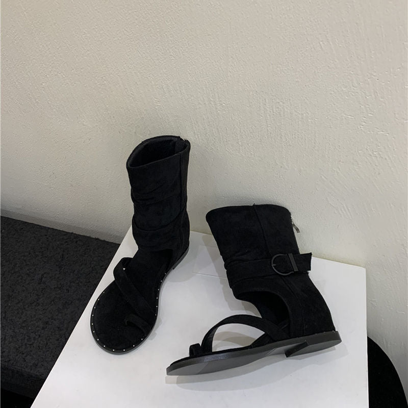 Damen modische Stiefeletten mit offener Zehenpartie und flexiblem Riemen EB