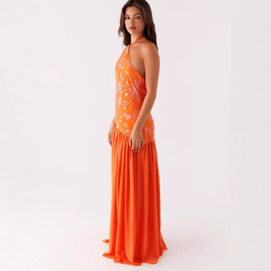 Damen Elegantes Maxikleid mit floralem Print und schwingendem Rock EB