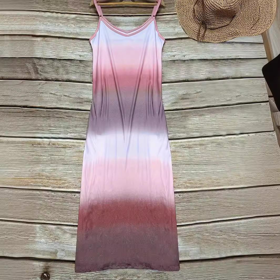 Damen Maxikleid mit sportlichem V-Ausschnitt und modischem Farbverlauf EB