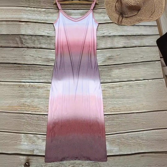 Damen Maxikleid mit sportlichem V-Ausschnitt und modischem Farbverlauf EB