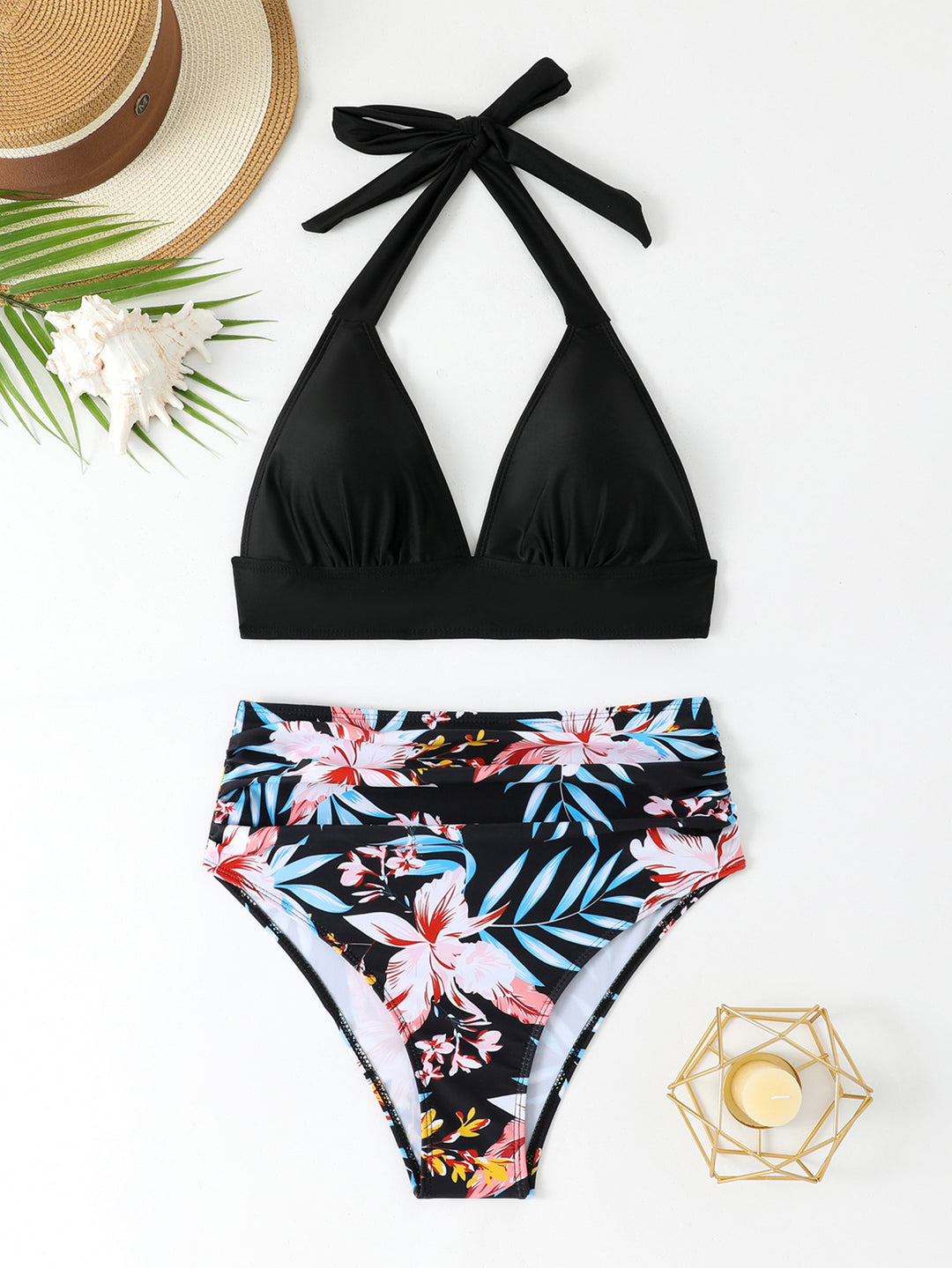 Damen Hochtailliertes Triangel-Bikini-Set mit floralem Design EB