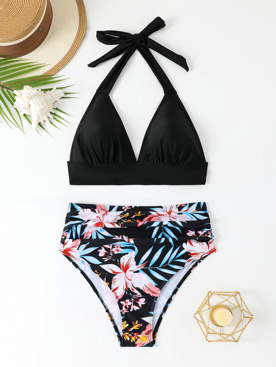 Damen Hochtailliertes Triangel-Bikini-Set mit floralem Design EB